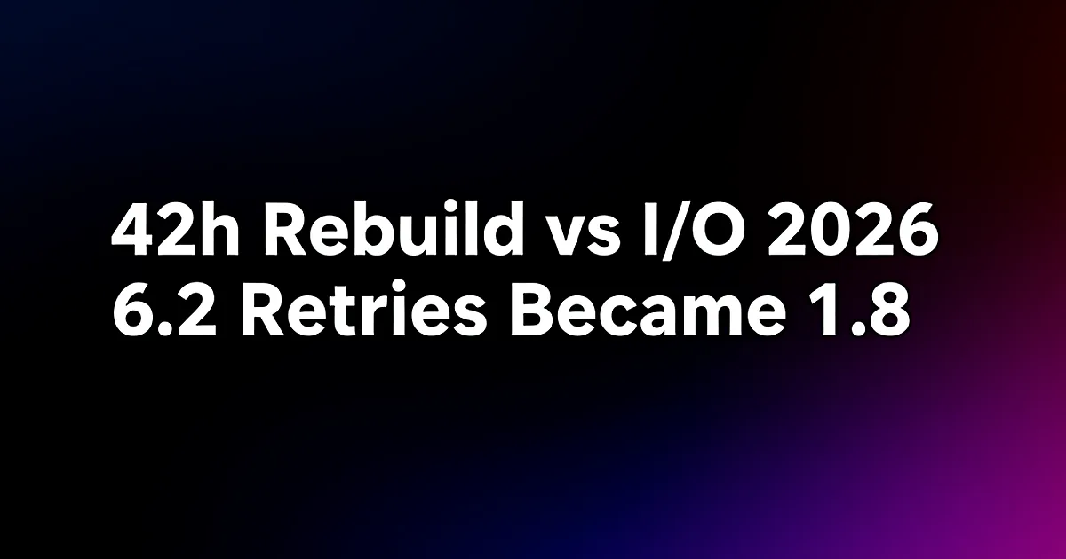 Abstract tech illustration: 42h Rebuild vs I/O 2026: 6.2 Retries Became 1.8