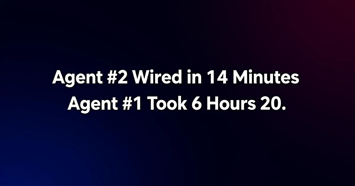Abstract tech illustration: Agent #2 Wired in 14 Minutes. Agent #1 Took 6 Hours 20.