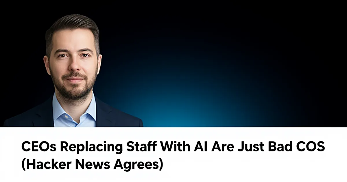 Abstract CEO silhouette hastily swapping staff icons for AI chips, with Hacker News commentary swirling around