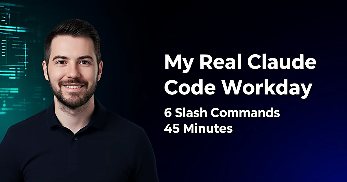 Abstract tech illustration: My Real Claude Code Workday: 6 Slash Commands, 45 Minutes